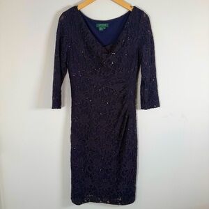 Lauren Ralph Lauren Beaded Sequin 3/4 Length Sleeves Ruched Mini‎ Dress Navy 8